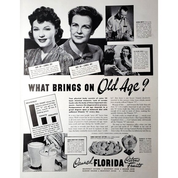 PRINT AD 1943 Canned Florida Citrus Fruits Vitamin C What Brings On Old Age - Picture 1 of 3